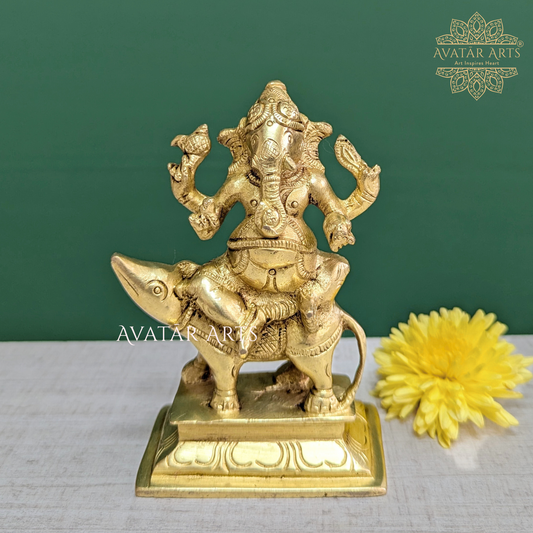 Brass Lord Ganesha Sitting on Mooshak