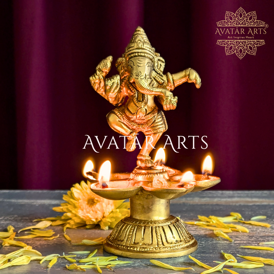 Brass Oil Lamp with Dancing Lord Ganesha