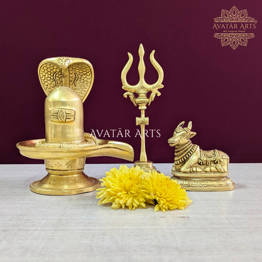 Brass Shivling with Nandi and Trishul (Set of 3)