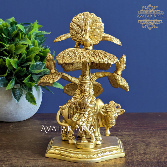 Brass Cow Krishna with Tree