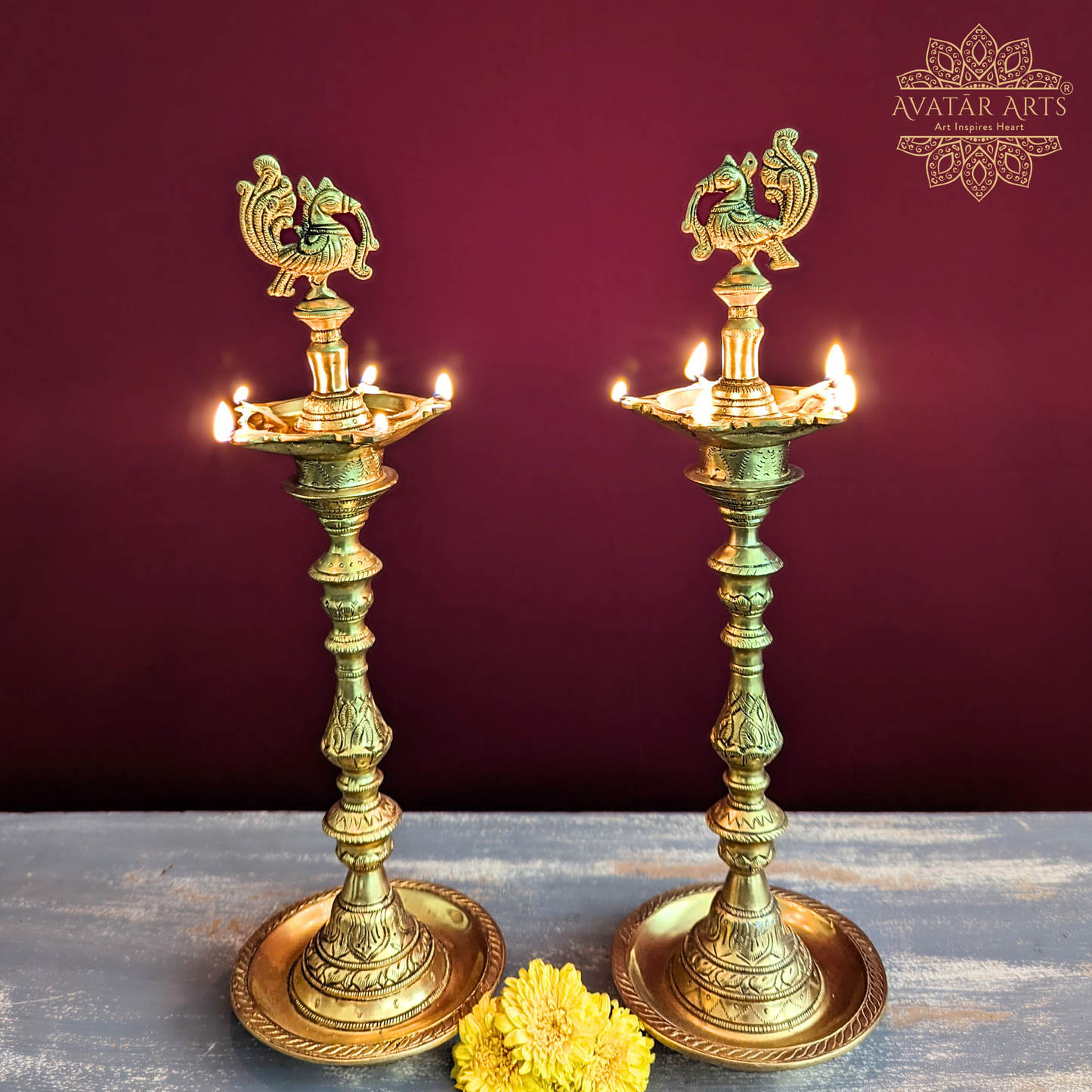 Brass Annapakshi/ Peacock Five Wick Oil Lamp