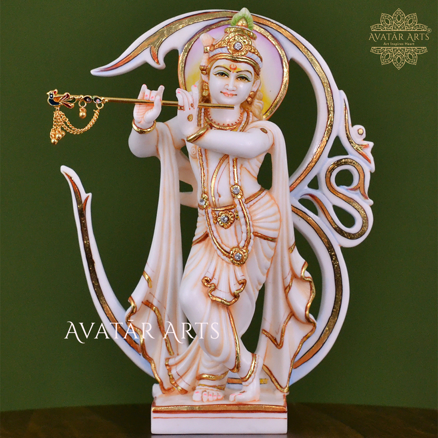 Culture Marble Lord Krishna Statue with OM in the Backdrop