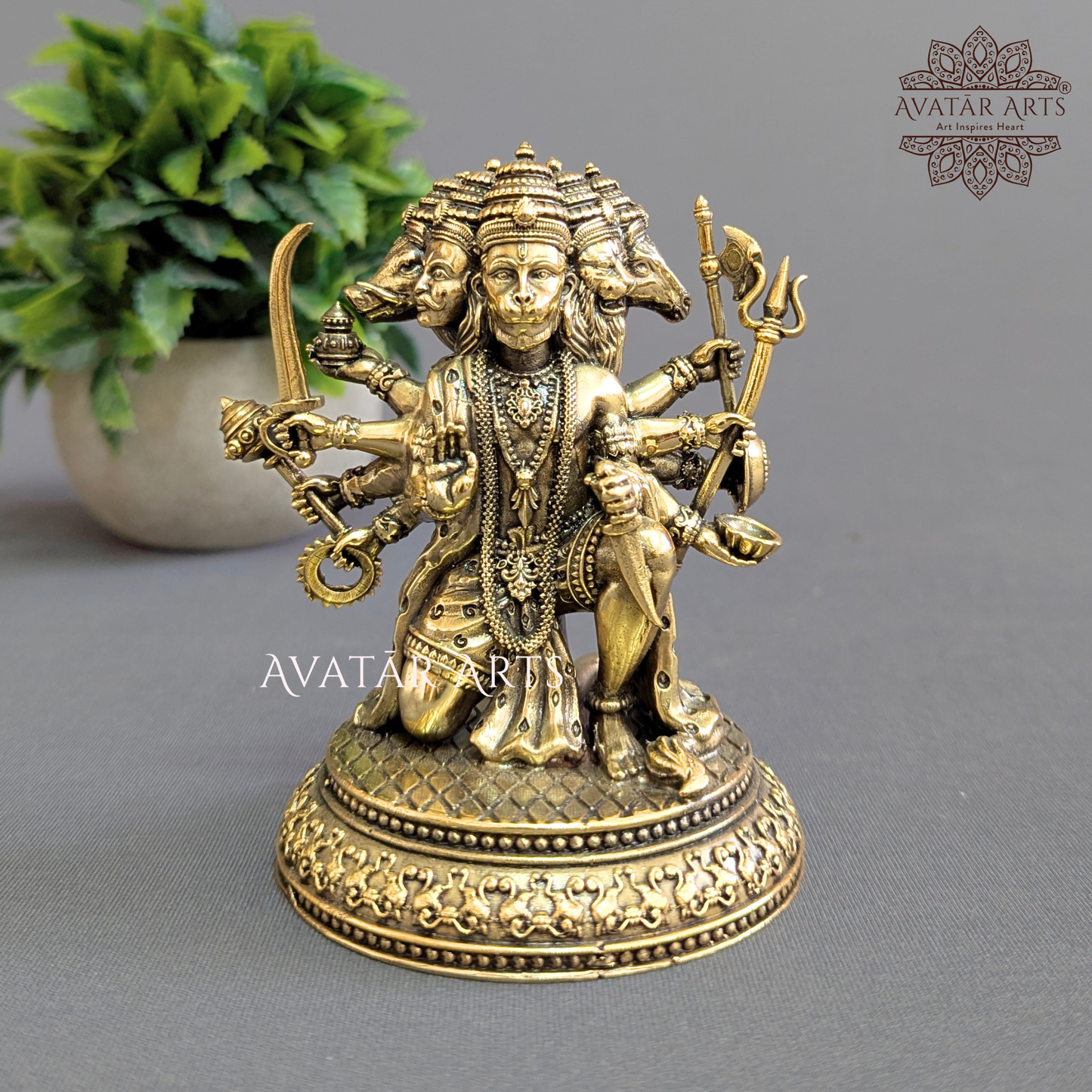 Front view of 4.75 Inch Brass Panchamukhi Lord Hanuman Statue