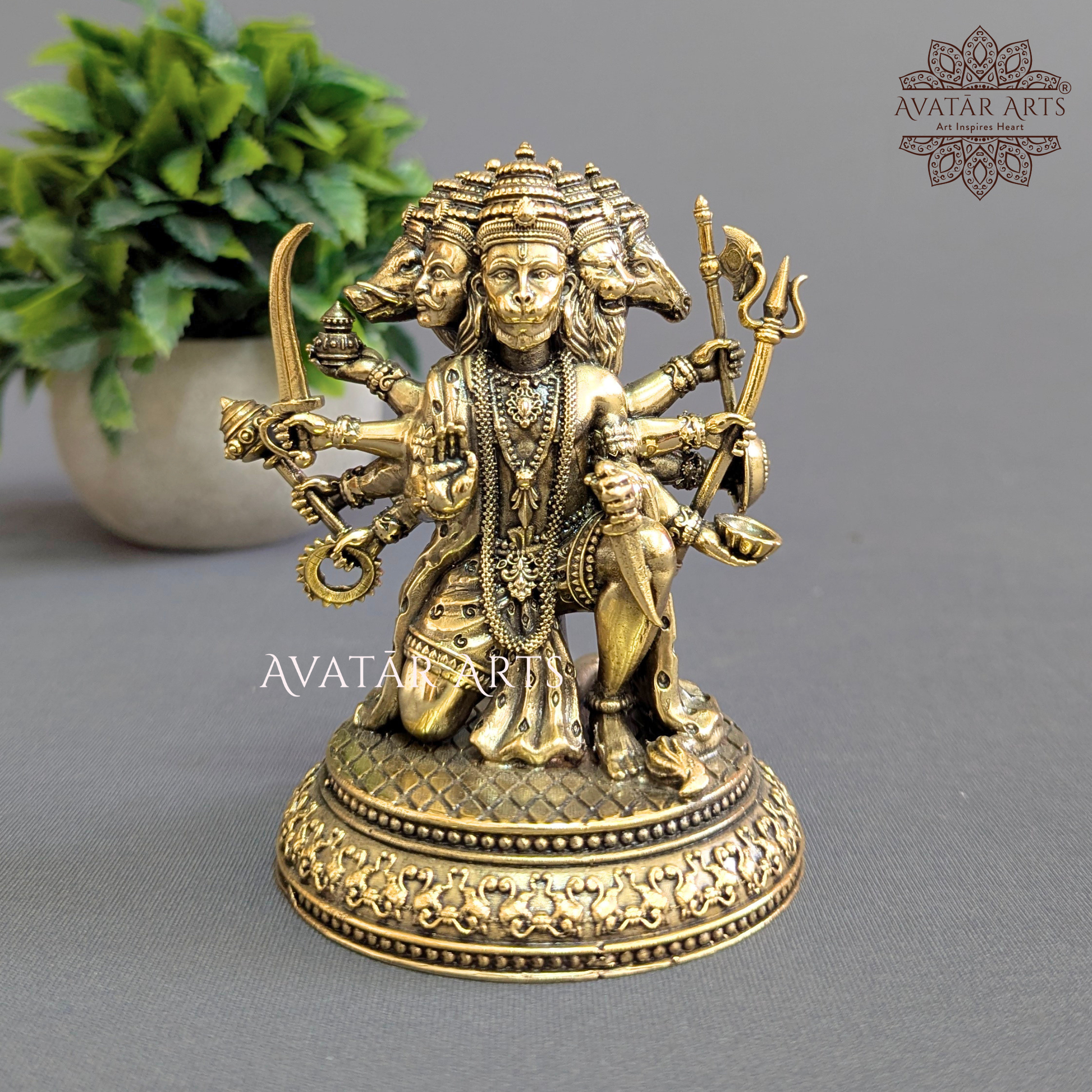 Front view of 4.75 Inch Brass Panchamukhi Lord Hanuman Statue