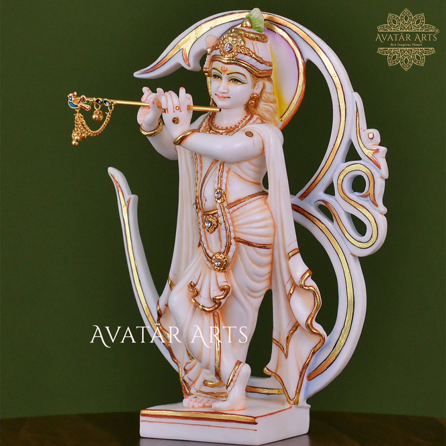 Culture Marble Lord Krishna Statue with OM in the Backdrop