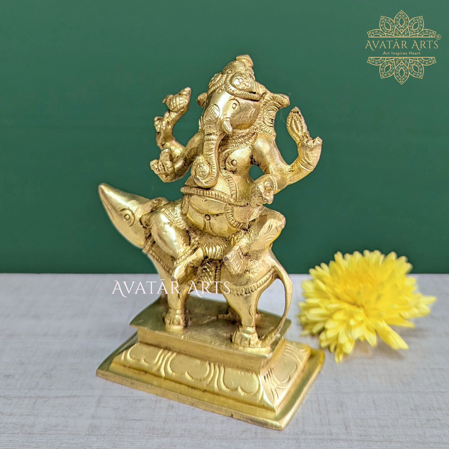 Brass Lord Ganesha Sitting on Mooshak