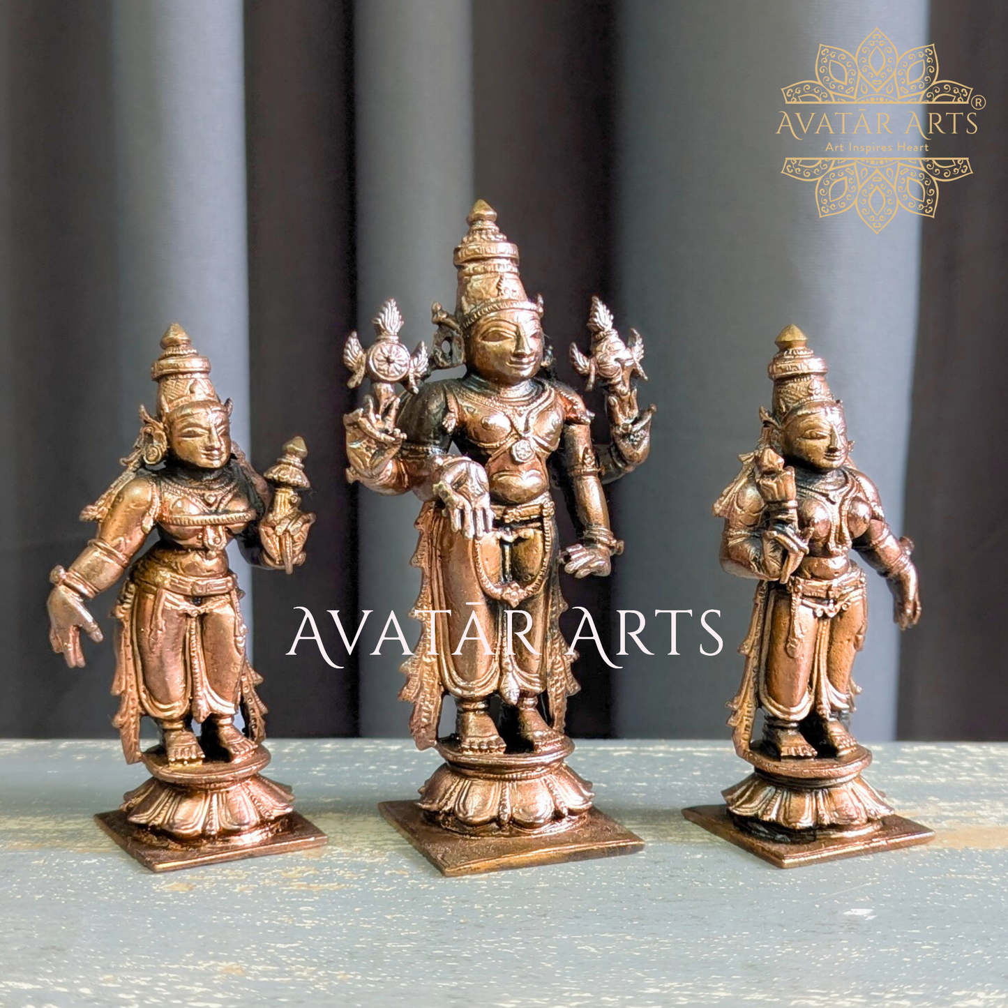 Copper Lord Vishnu with shridevi and Bhudevi