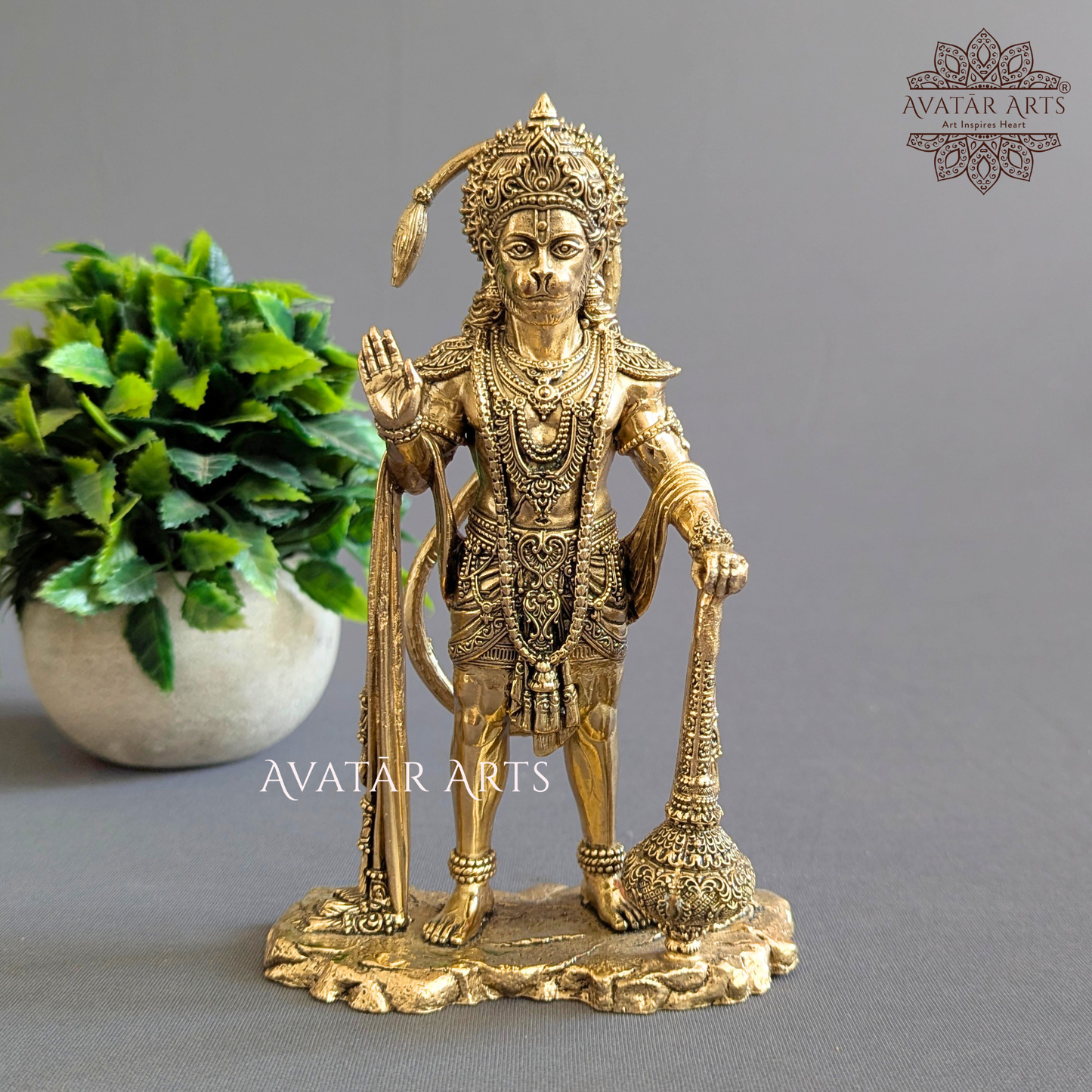 Front view of 7 Inch Brass Lord Hanuman Statue for home temple