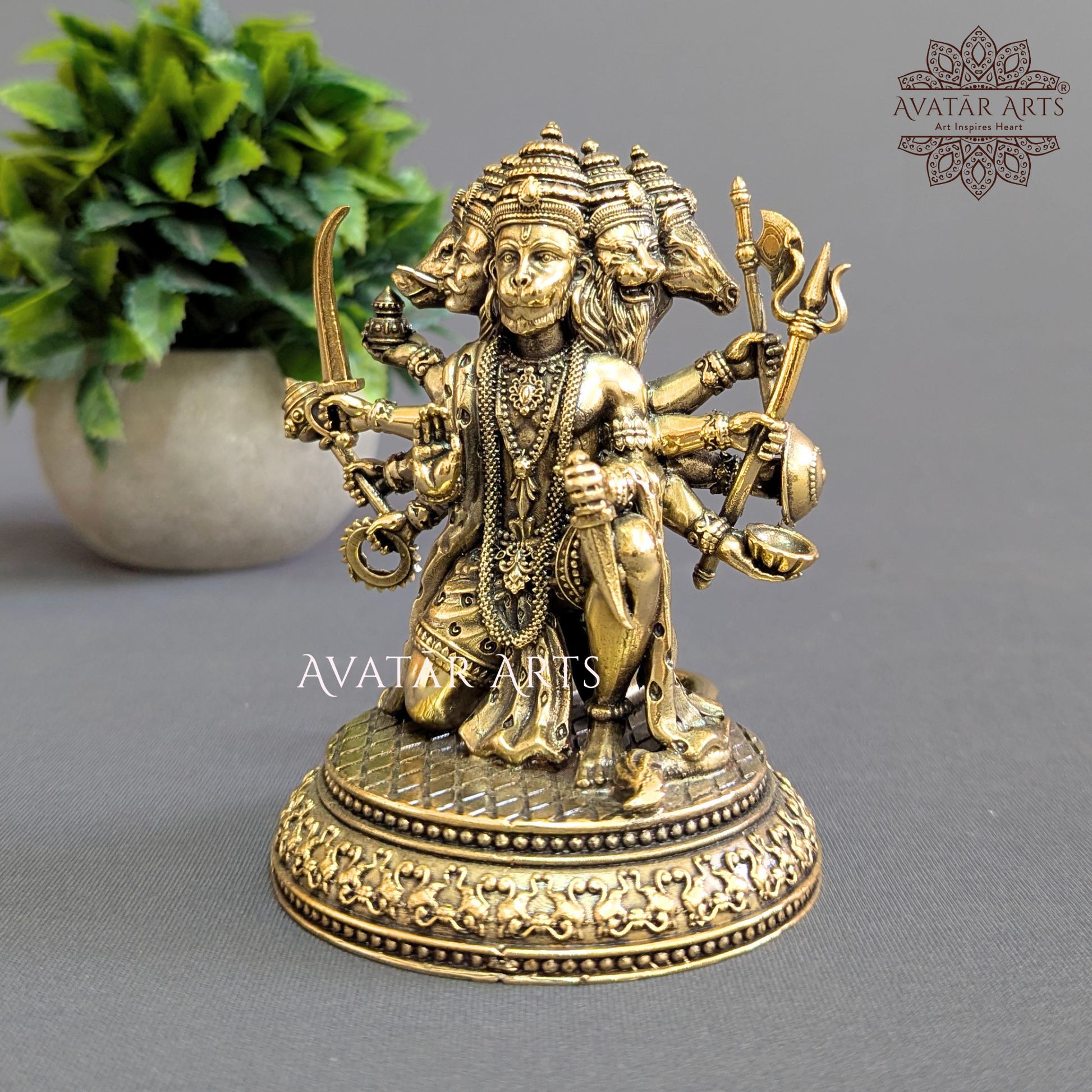 Side view of 4.75 Inch Brass Panchamukhi Hanuman Murti