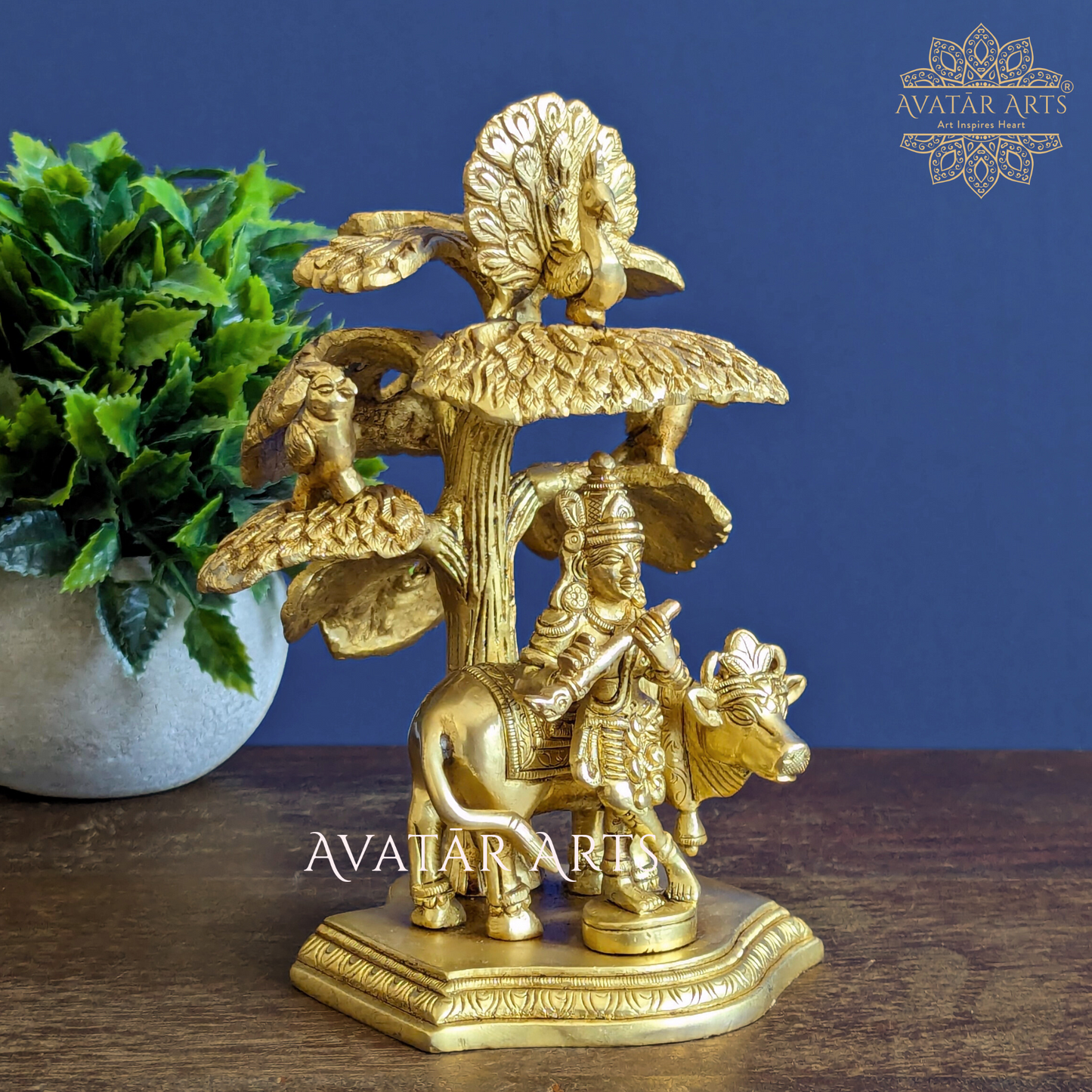 Brass Cow Krishna with Tree