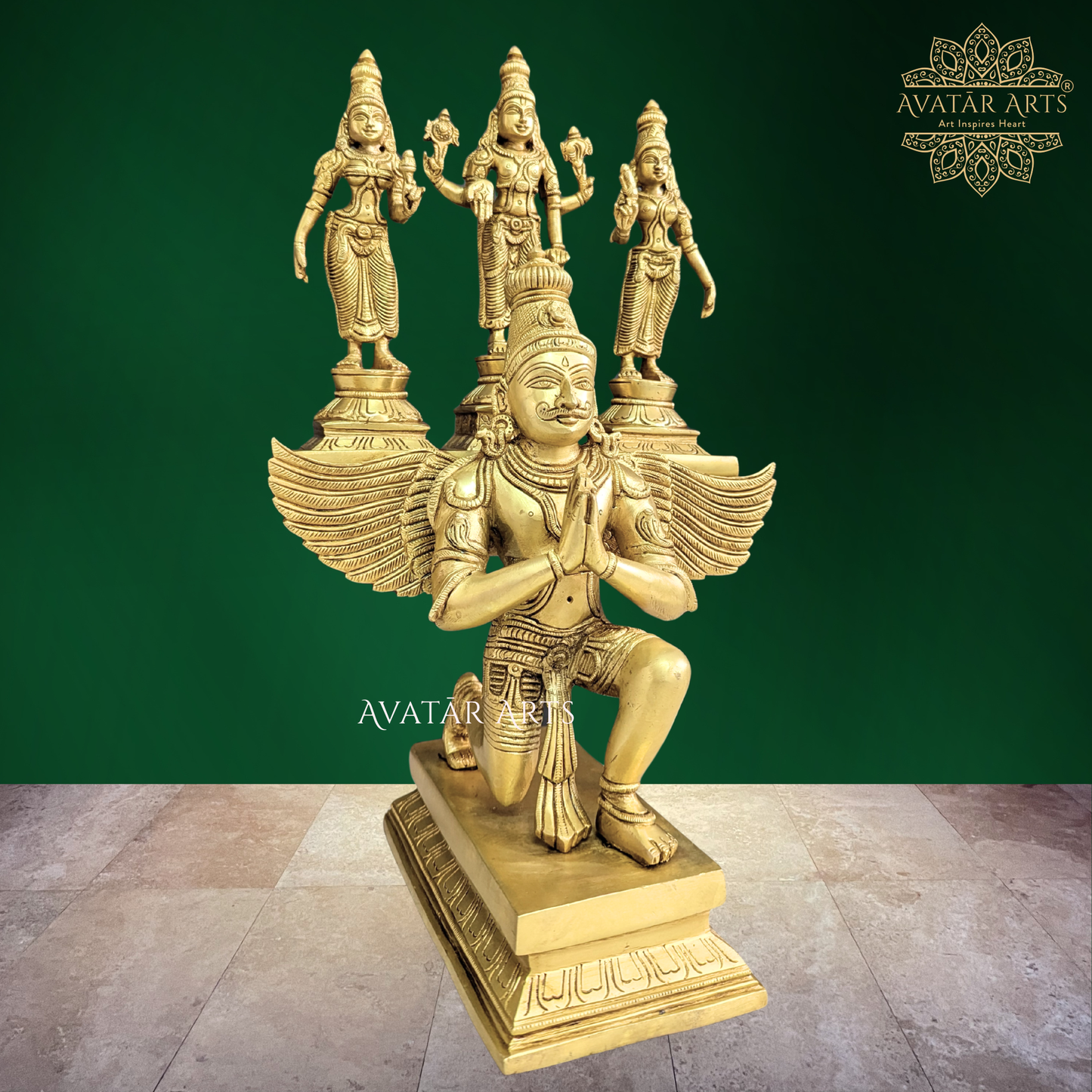 Brass Garuda with Vishnu Shreedevi and Bhudevi