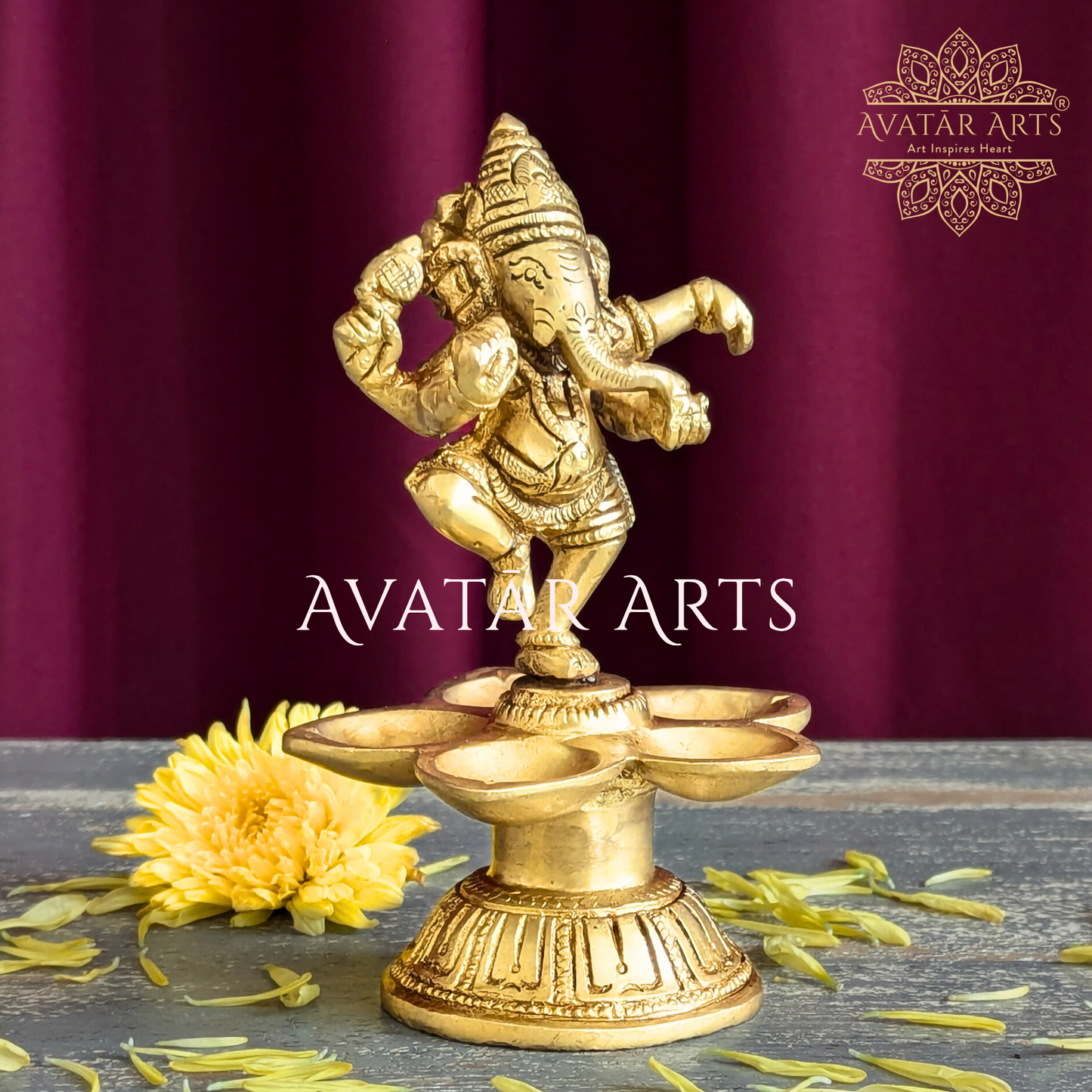 Brass Oil Lamp with Dancing Lord Ganesha