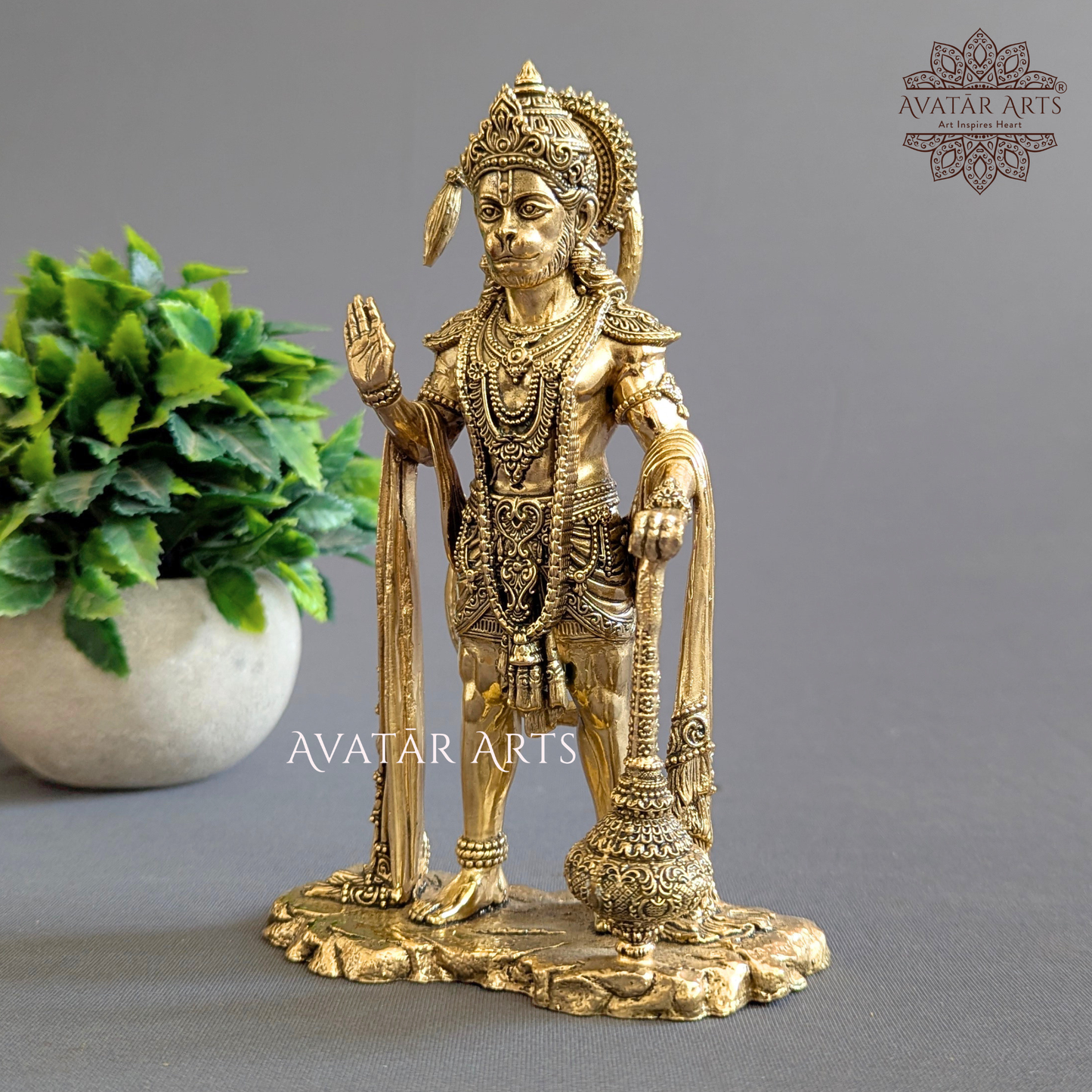 Side angle view of handcrafted 7 Inch Brass Hanuman Ji Idol
