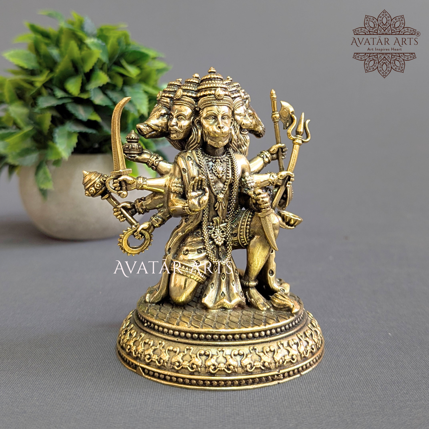 Left Side view of 4.75 Inch Brass Panchamukhi Lord Hanuman Statue