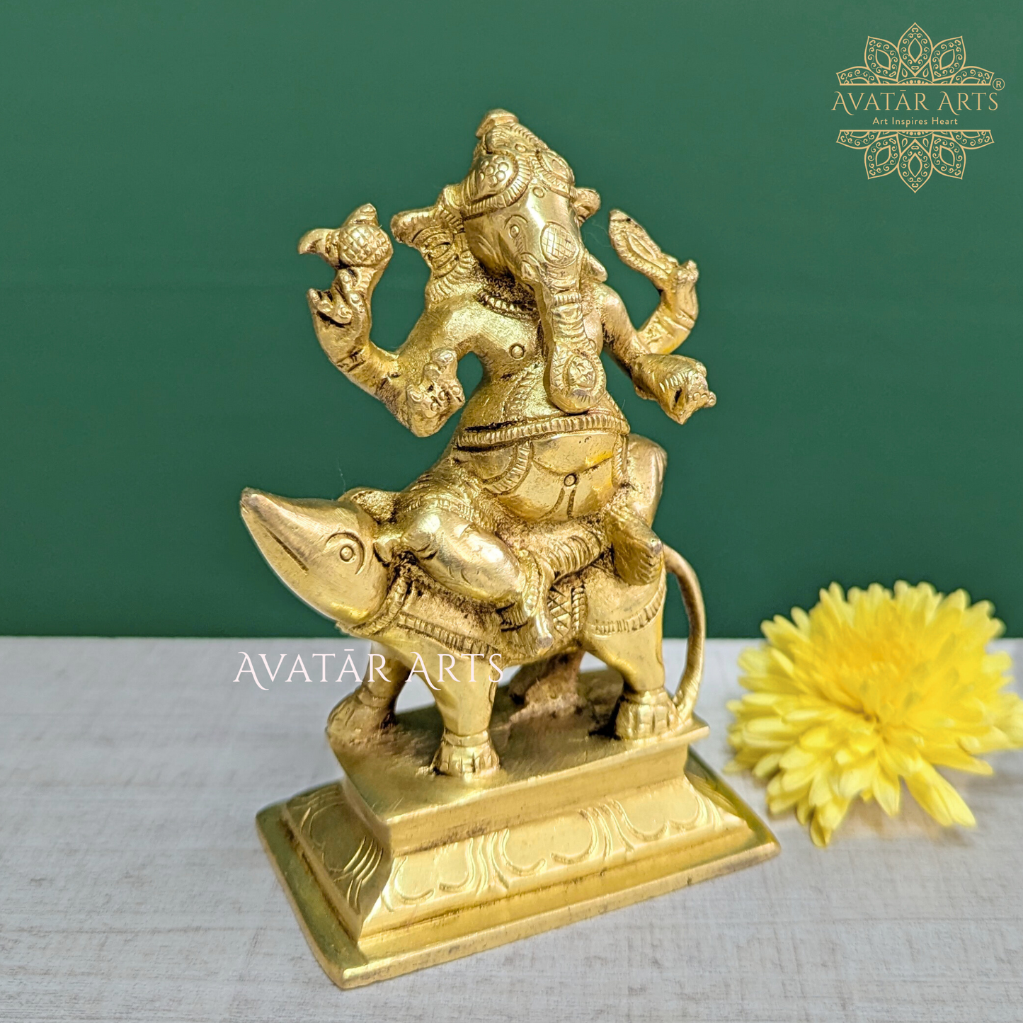 Brass Lord Ganesha Sitting on Mooshak