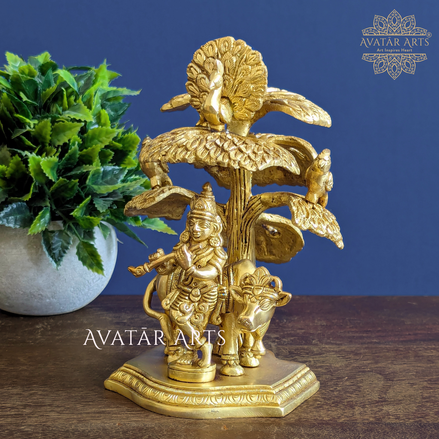 Brass Cow Krishna with Tree