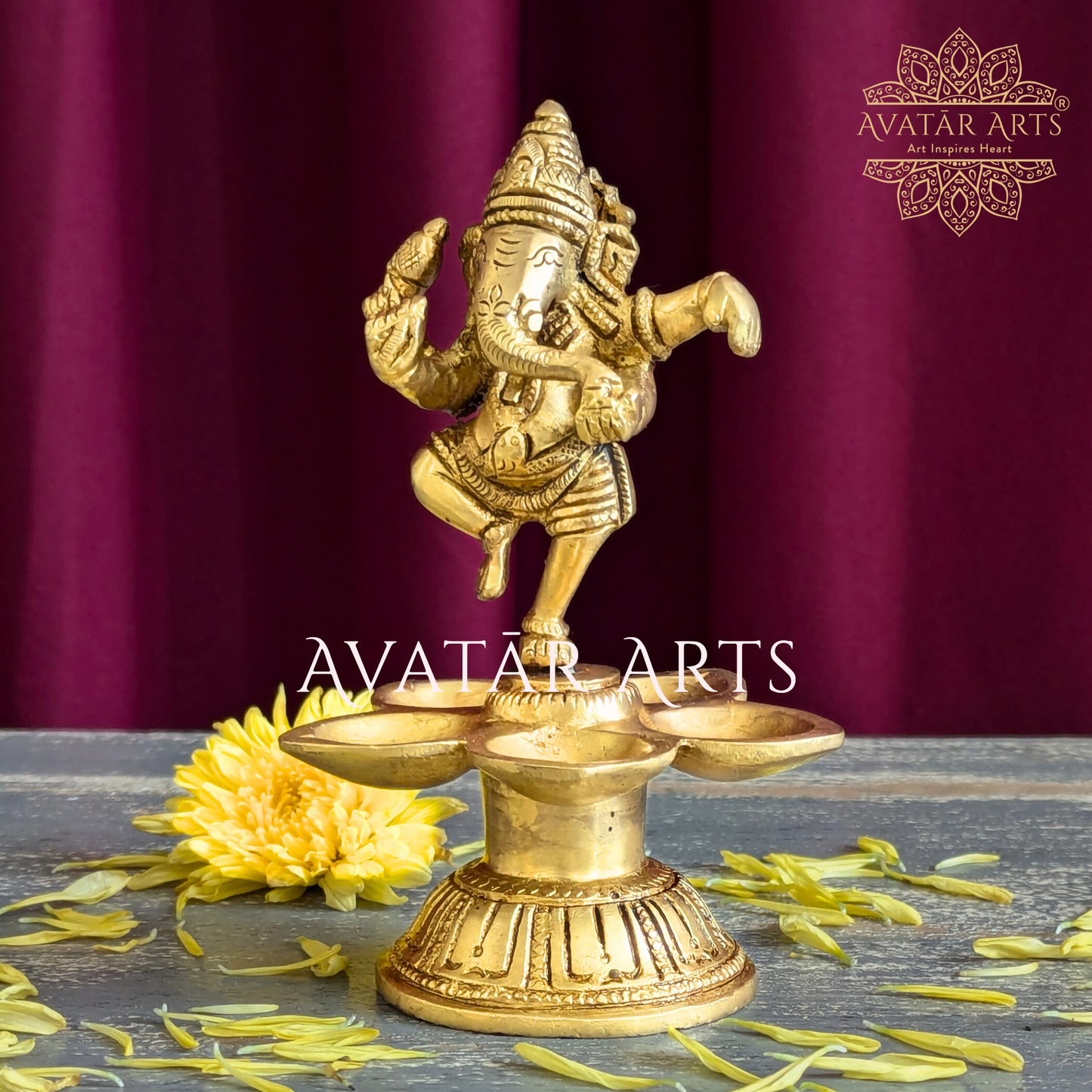 Brass Oil Lamp with Dancing Lord Ganesha