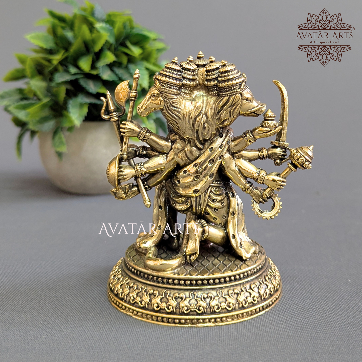 Back view of handcrafted 4.75 Inch Brass Panchamukhi Hanuman Statue