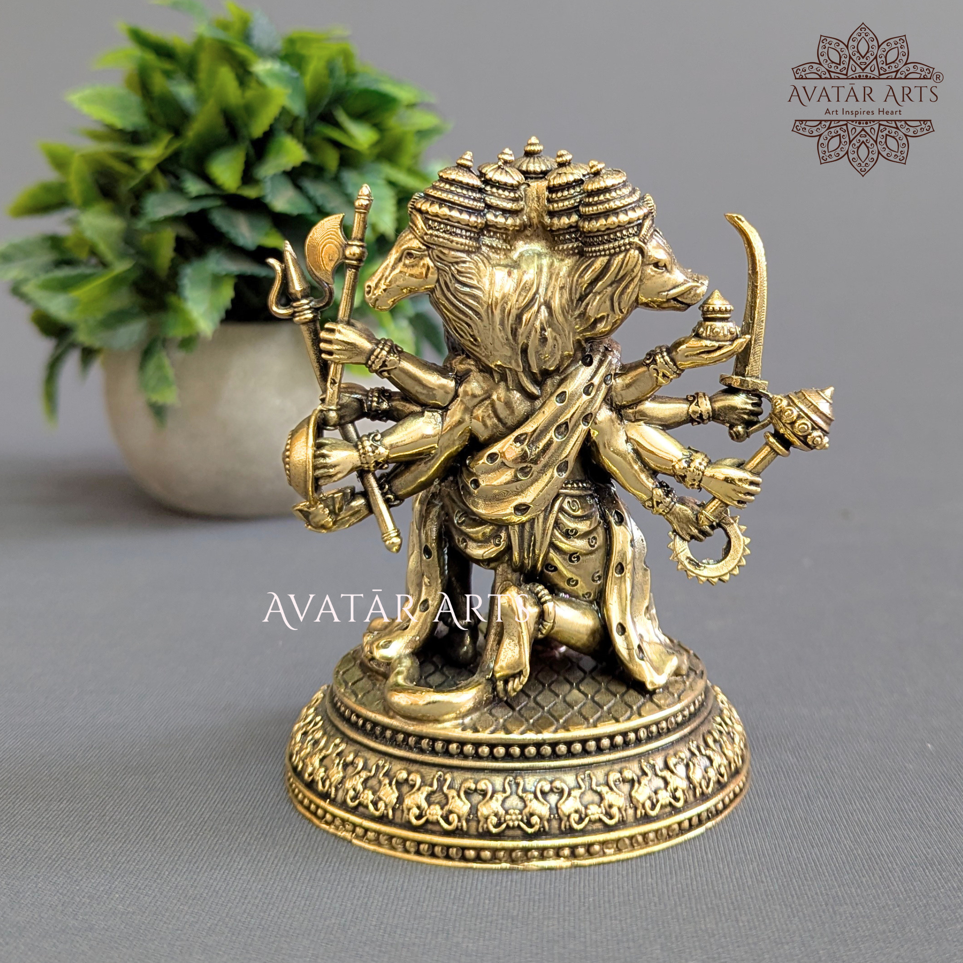 Back view of handcrafted 4.75 Inch Brass Panchamukhi Hanuman Statue
