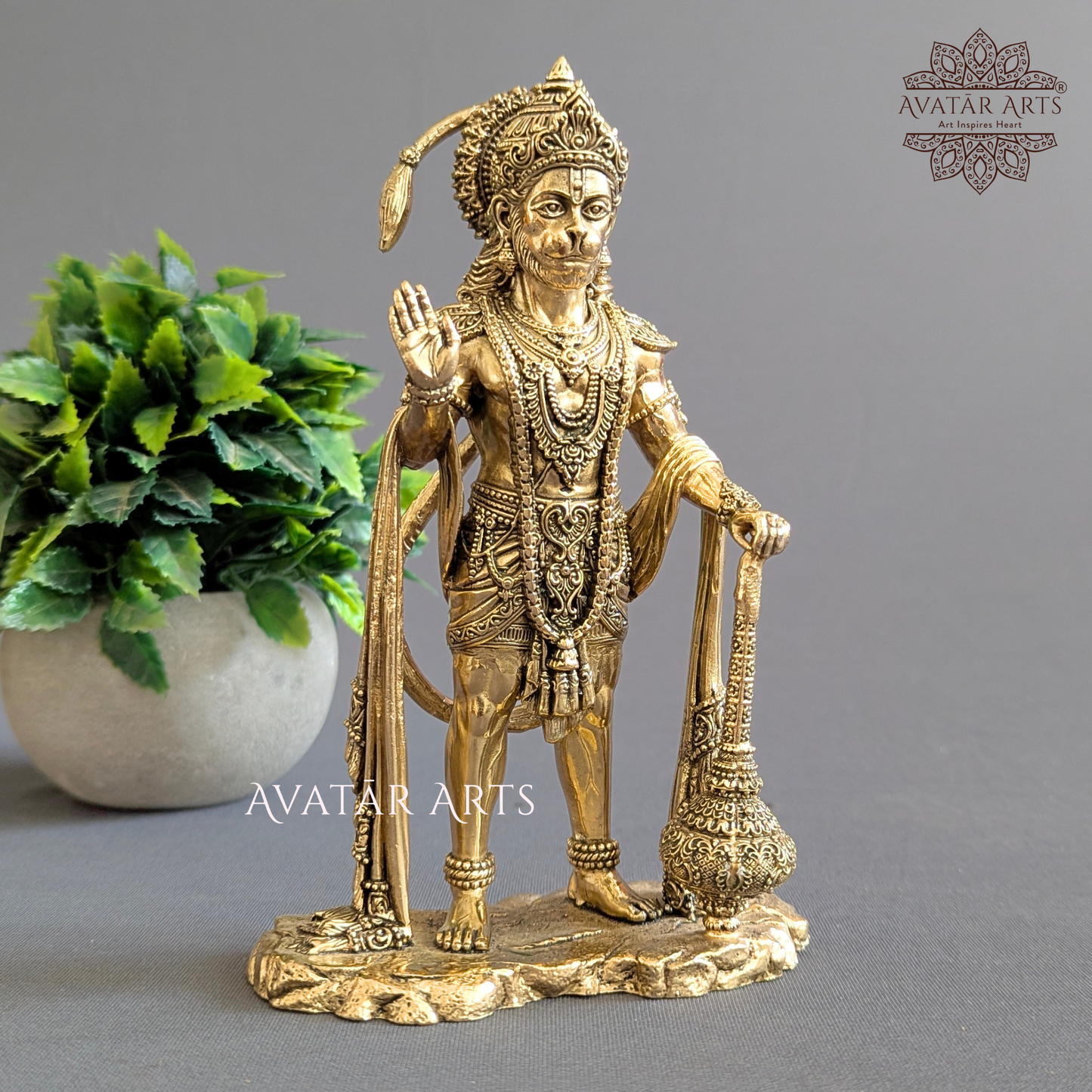 Side angle view of handcrafted 7 Inch Brass Hanuman Ji Idol