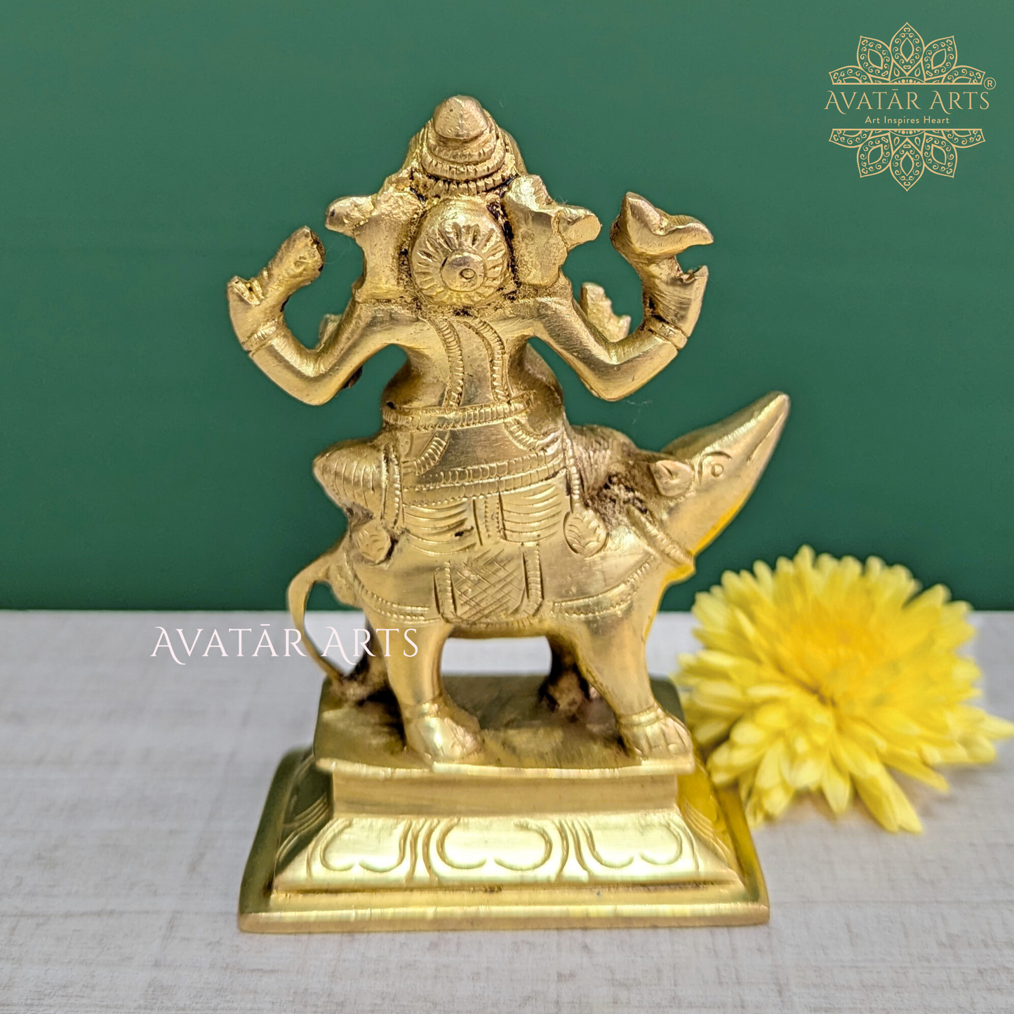 Brass Lord Ganesha Sitting on Mooshak