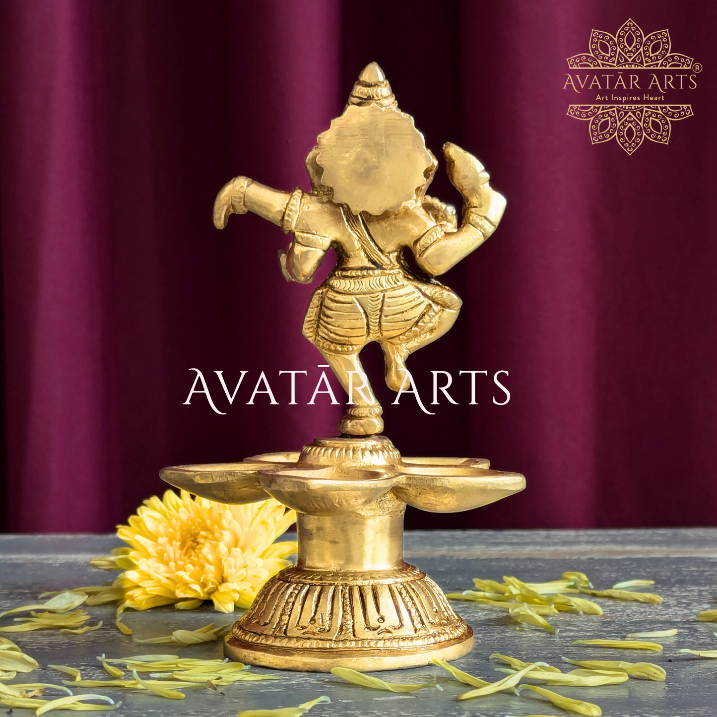 Brass Oil Lamp with Dancing Lord Ganesha