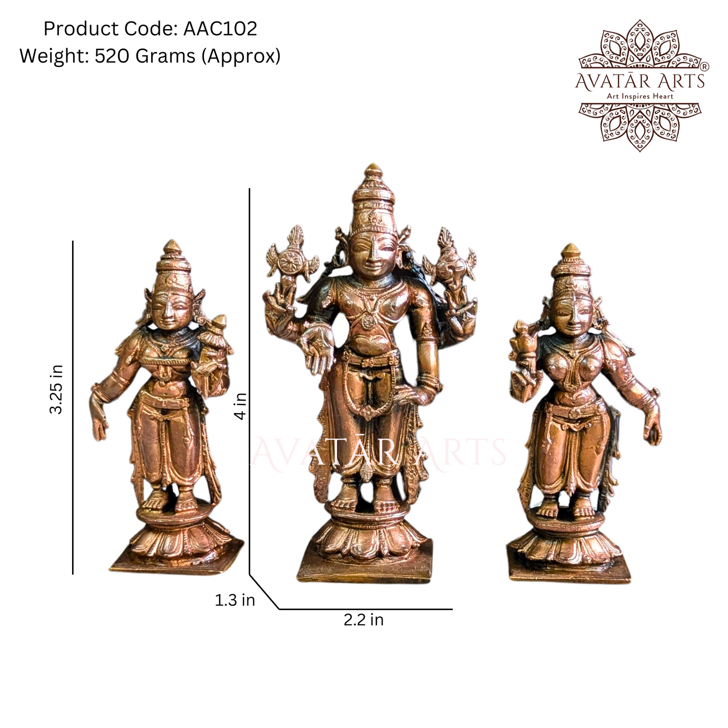 Copper Lord Vishnu with shridevi and Bhudevi