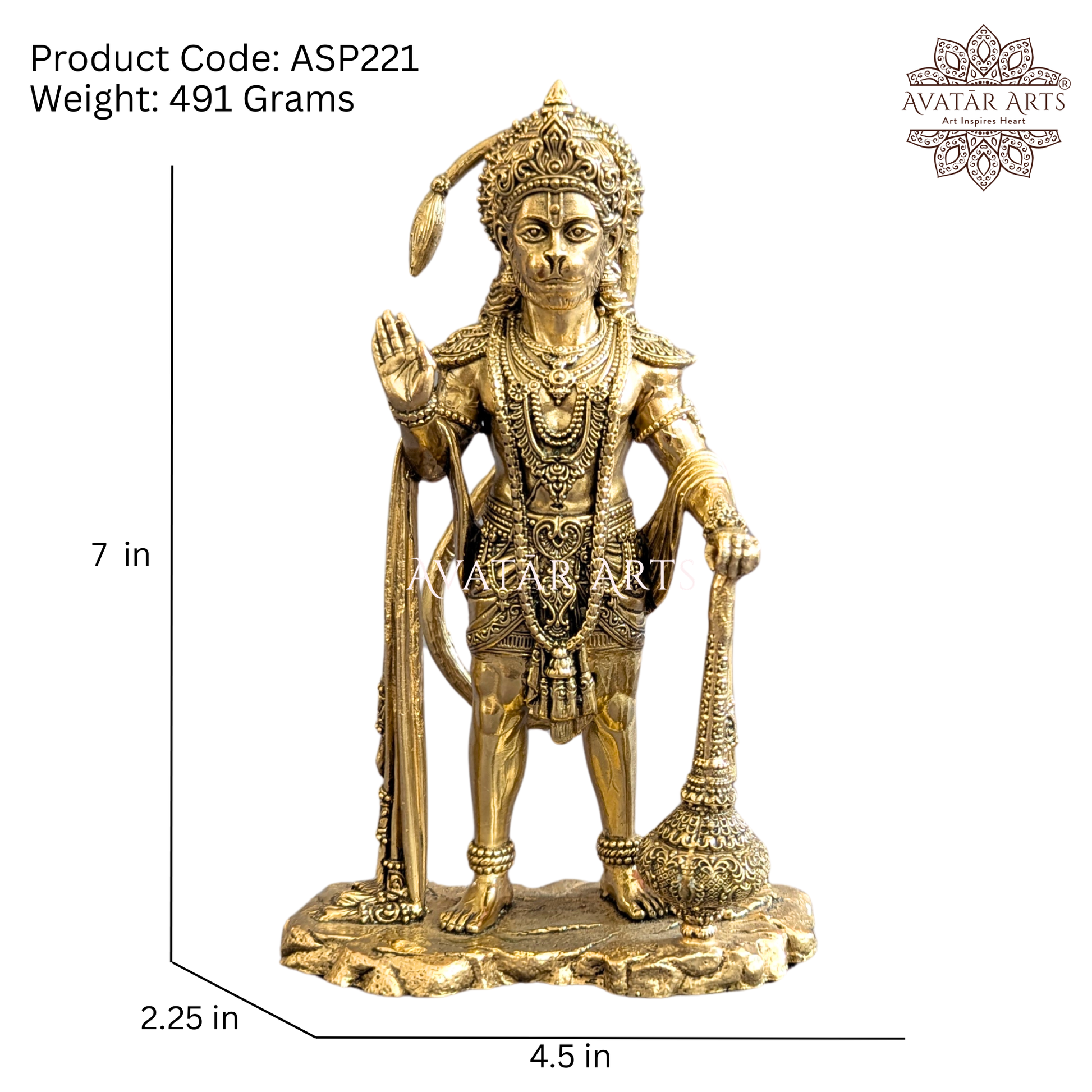 Size guide of 7 Inch Brass Lord Hanuman Statue with detailed dimensions and measurements