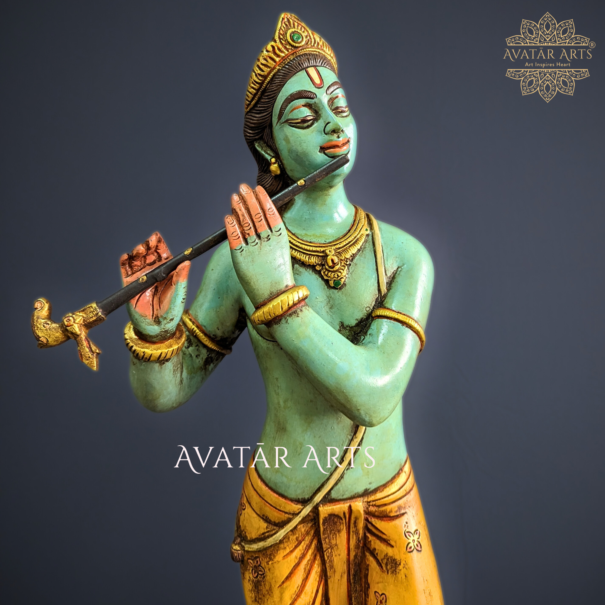 Young Brass Lord Krishna Playing Flute Statue