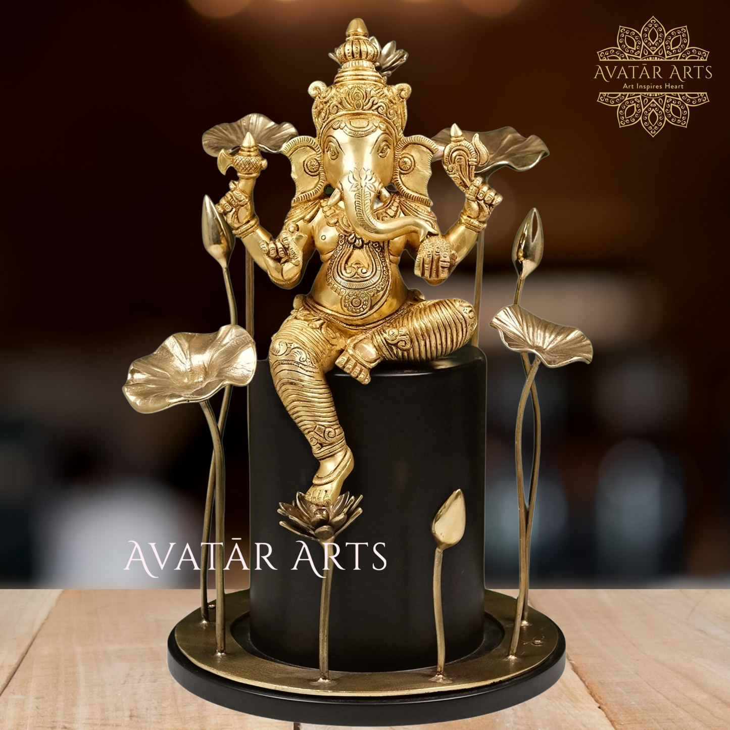 Brass Lord Ganesha Surrounded By Lotus Flowers And Leaves