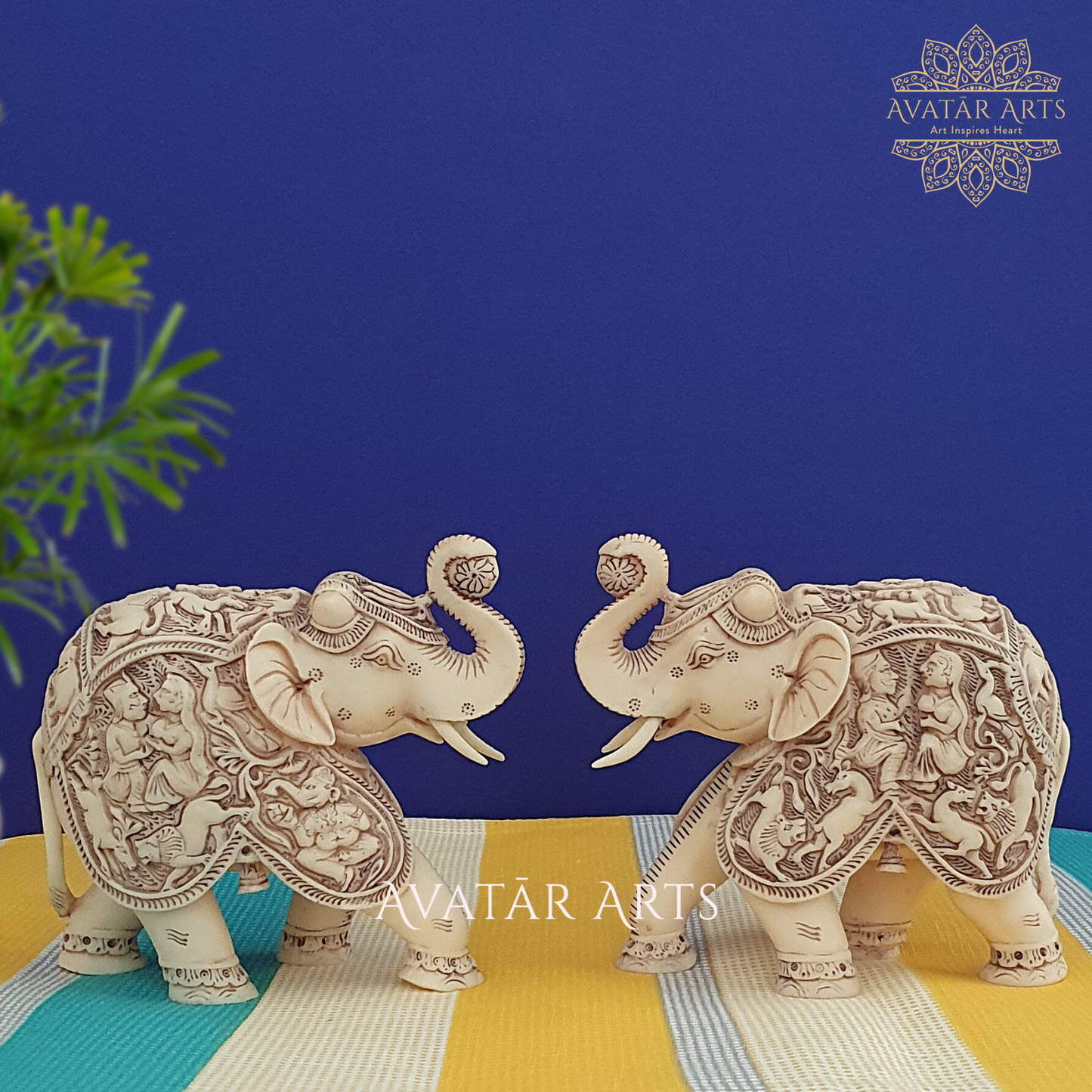 Elephants With Shikar Carvings In Pair