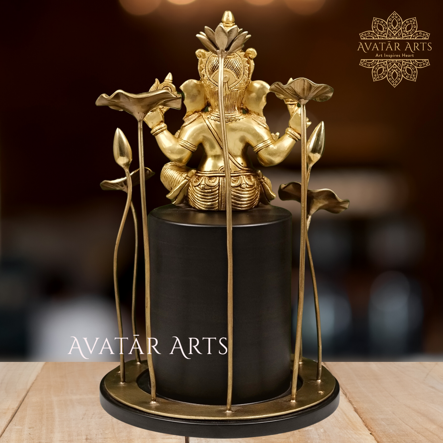 Brass Lord Ganesha Surrounded By Lotus Flowers And Leaves