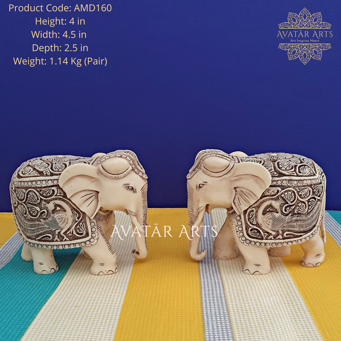 Elephants With Peacock Carvings In Pair