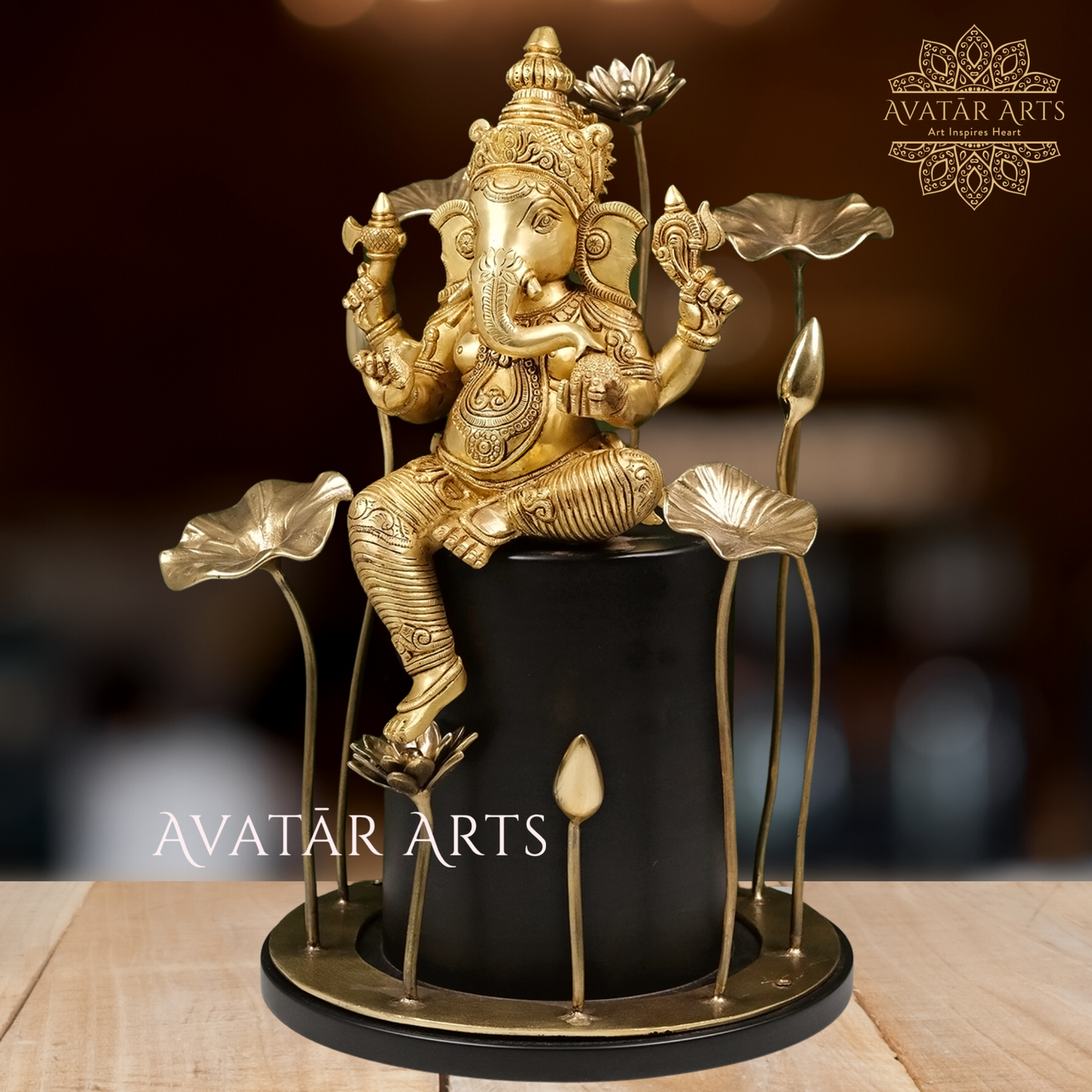 Brass Lord Ganesha Surrounded By Lotus Flowers And Leaves