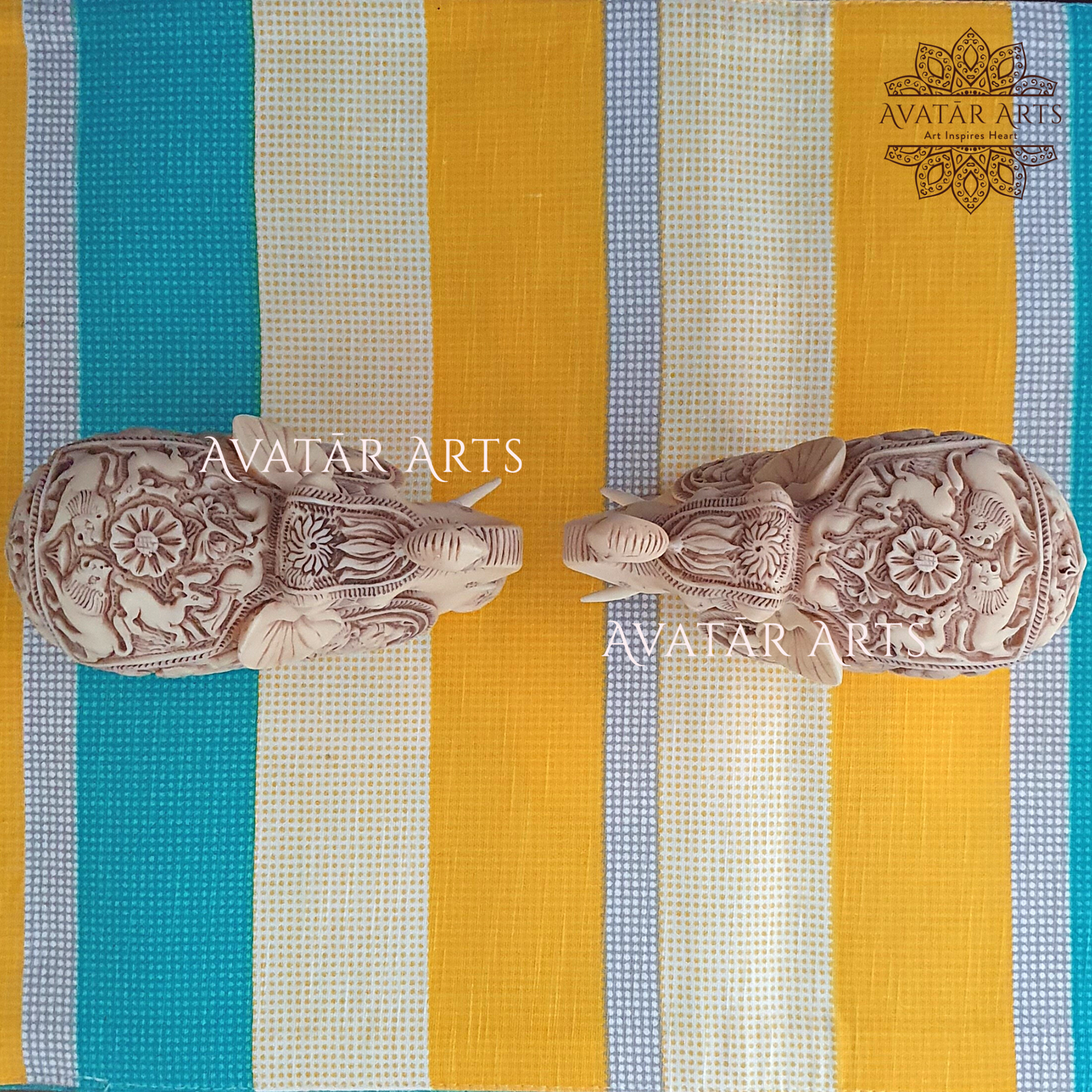 Elephants With Shikar Carvings In Pair